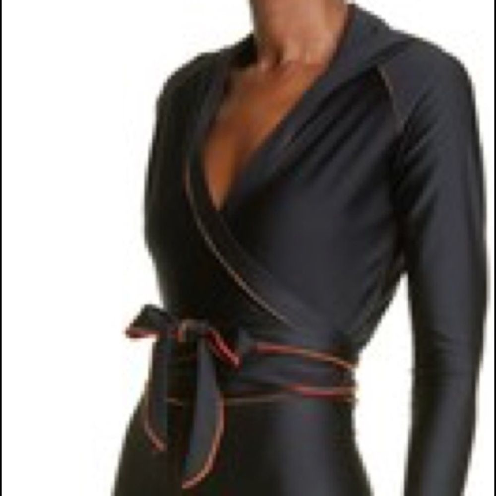 Black Wrap-Front Long Sleeve Top with Contrast Trim